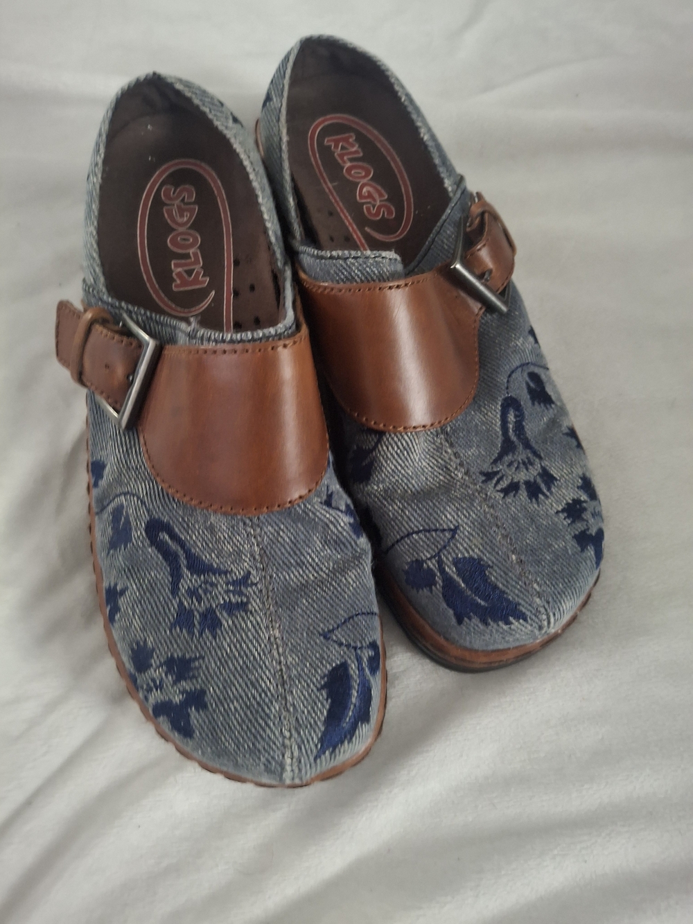 Klogs Denim Blue Floral Clogs with Brown Leather Strap